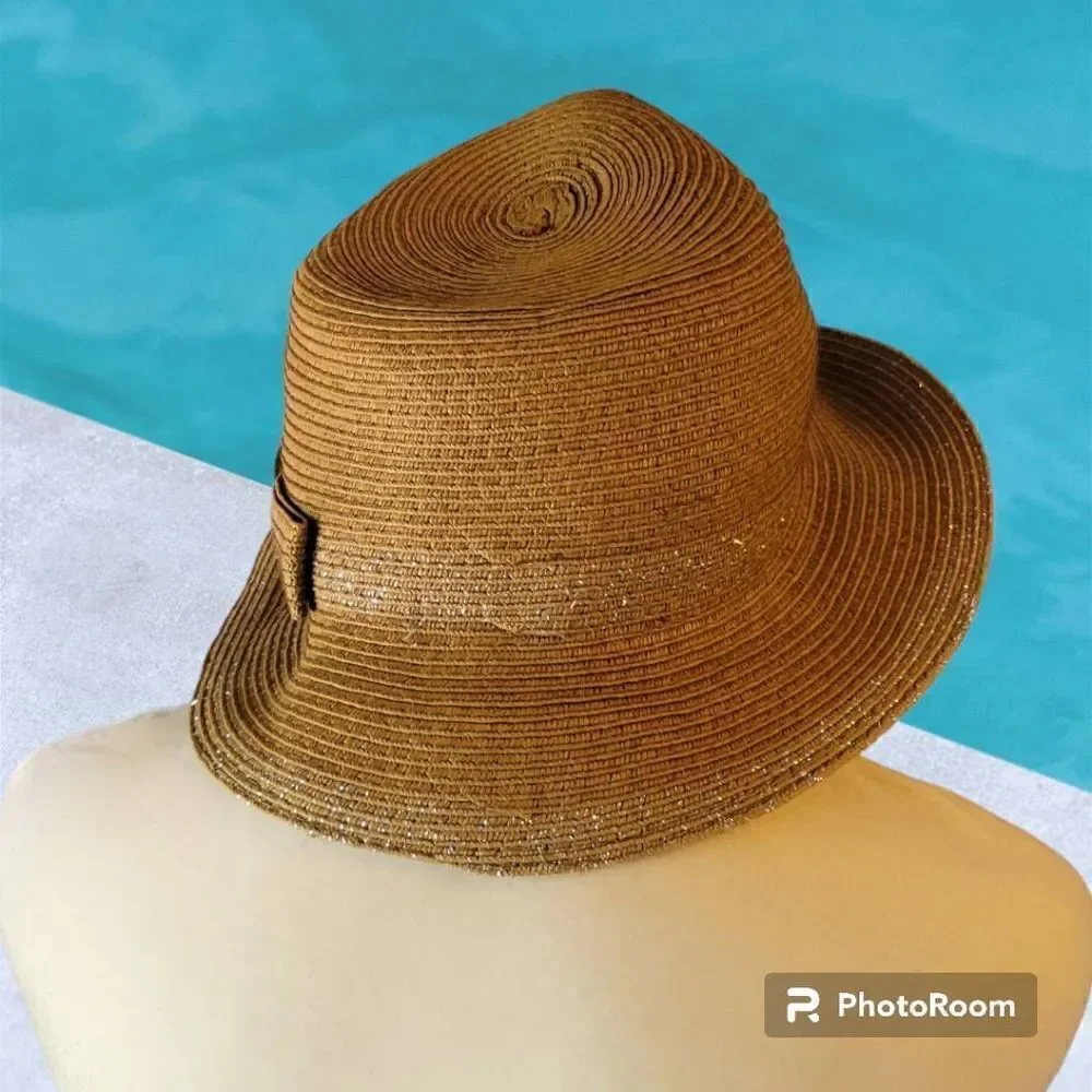D&Y Brown Straw Fedora Hat with Silver Sparkle